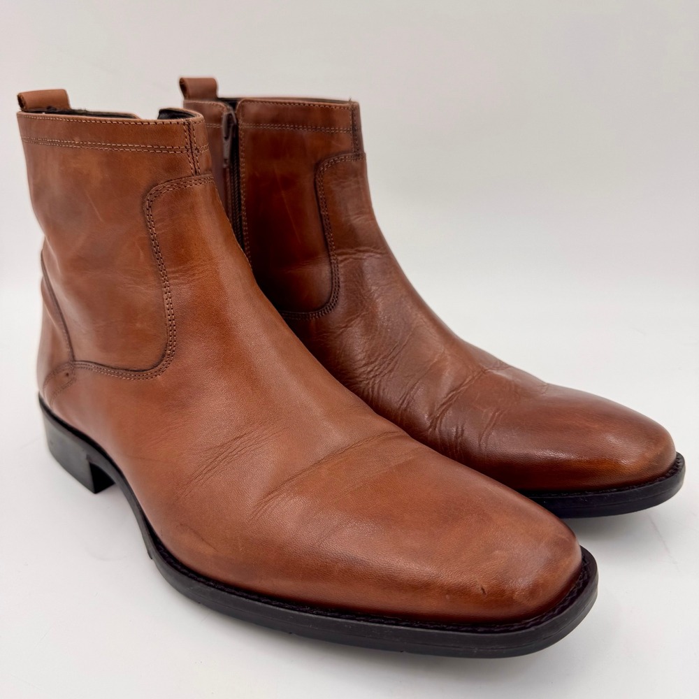 Johnston & Murphy Larsey Tan Leather Side Zip Ankle Boots Size 10.5 M Sheepskin